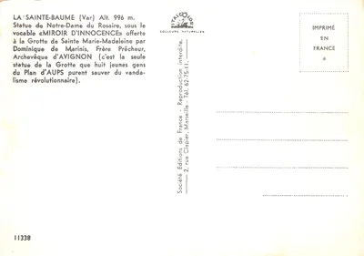 Jaskinia Świętej Baumy — Statua Najświętszej Panny Maryi Rosaryjskiej — Wydawca: Société Italo-Color — Rewers