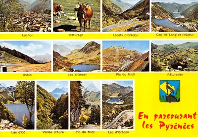 Percorrendo le Alpi Pyrenei — Montagne, laghi e pascoli in collage — Società delle Carte Postali APA-POUX, ALBI