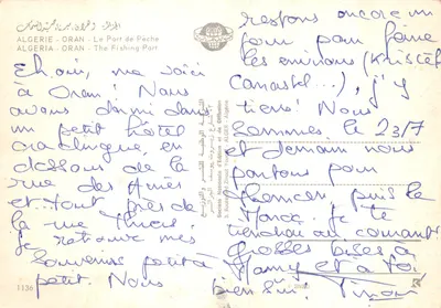 Port rybacki w Oranie — widok portu z łodziami i budynkami — wydawca Narodowe Wydawnictwo i Dystrybucyjne, Algieria, nr 1136 — Rewers