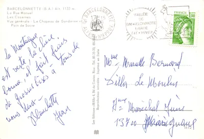 Barcelonnette — ogólny widok, rue Manuel, zasneżone góry — Les Editions « MAR » — Rewers
