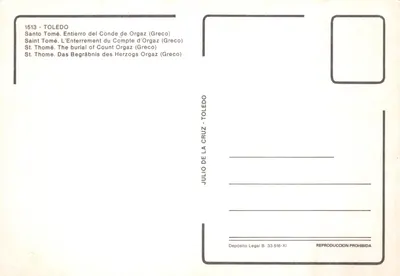 Enterro do Conde de Orgaz — tela de El Greco — editor JULIO DE LA CRUZ — Verso