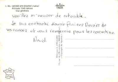 Besse-en-Oisans (Isère) — vista geral do vilarejo encaixado entre montanhas — Edições J. Cellard — Verso