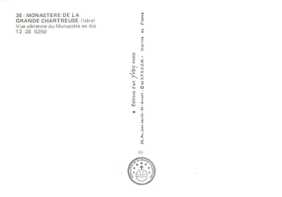 Klasztor Grande Chartreuse — widok z lotu w lecie — wydawca Yvon, n° 38 5250 — Rewers