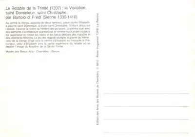 Retábulo da Trindade — Visitação, santo Domingos, santo Cristóvão — por Bartolo di Fredi (Siena 1330-1410) — Verso
