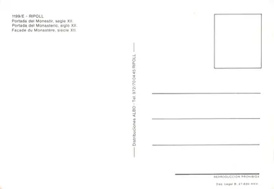 Portada del Monestir — wygląd fasady klasztoru z XII wieku — wydawca Distribuciones ALBO, nr 1199/E — Rewers