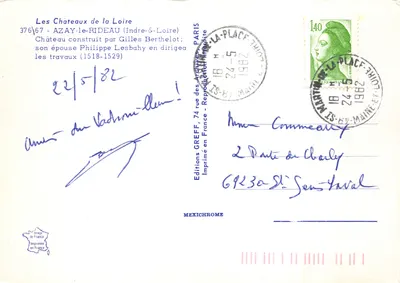 Castelo de Azay-le-Rideau — vista de outono com reflexo na água — Éditions GREFF — Verso