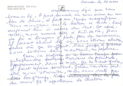 Notre Dame de Vie — kościoł z wieżą i łukiem kolumnowym — wydawca C.L.P. éditions Maxime — Rewers
