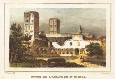 Ruínas da abadia de Saint-Michel — vista das torres e do claustro — gravura de Ch. Basterot, editada por Schroeder