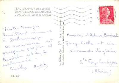 Lac d'Annecy — vue depuis l'Ermitage avec le lac et le Semnoz — Les Editions d'Art Lyon — Verso