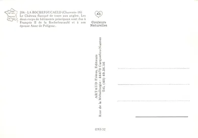 La Rochefoucauld — Castelo flanqueado de torres nos cantos — editor ARTAUD Frères, Nantes — Verso