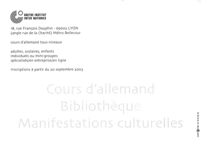 Carte publicitaire Goethe Institut Inter Nations Lyon — desenho de Christian Emil Topan para o « Jour européen de la langue allemande » — Verso