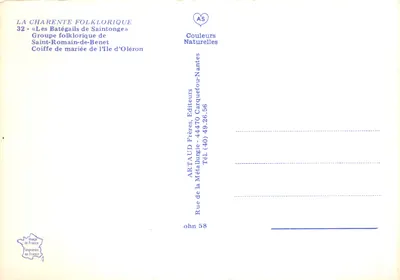 Kobieta w stroju tradycyjnym — szpilka ślubna z Wyspy Oléron — wydawca ARTAUD Frères — Rewers