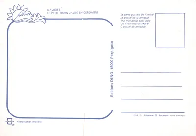 O pequeno trem amarelo na Cerdânia — Pontes ferroviárias e paisagens montanhosas — Edições DINO Perpignan, n° 2393 E — Verso