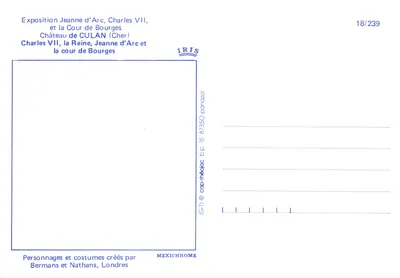 Sala dworska średniowieczna — scena z wystawy Jeanne d'Arc, Charlesa VII i dworu Bourges — wydawca IRIS, nr 18/239 — Rewers