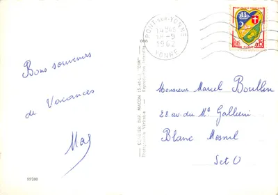 Mała historia Lioni — humorystyczna scena z lwami i miastami Yonne (Auxerre, Tonnerre, Sens, Joigny) — wydawca COMBILIER IMP. MACON — Rewers