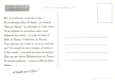 Lyon-en-Méditerranée — Ansicht von Weinbergen und Olivenölfässern — Verlag QUAI DES OLIVIERS — Rückseite
