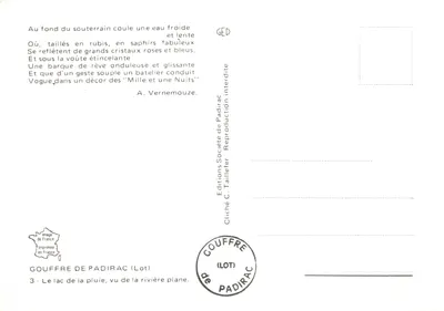 Gouffre de Padirac — vue du lac de la pluie, de la rivière plane — Éditions C. Taillefer — Rewers