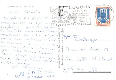 Costa Azul — vista panorâmica com palmeiras e vignettes de Le Lavandou, Sainte-Maxime, Toulon, Hyères e Saint-Tropez — editor Cogolin — Verso