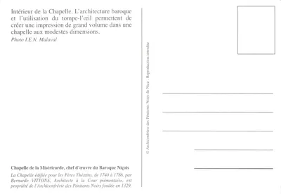 Wnętrze kaplicy Misericordia — wydawca Archiconfrérie des Pénitents Noirs de Nice — Rewers