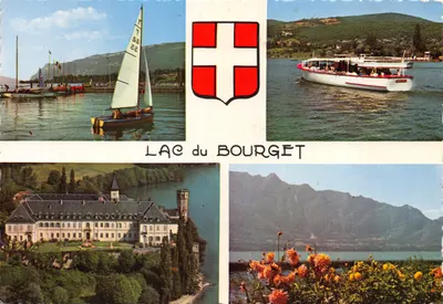 Lago do Bourget — vista panorâmica com vela, barco turístico, abadia e montanhas — Edições J. CELLARD