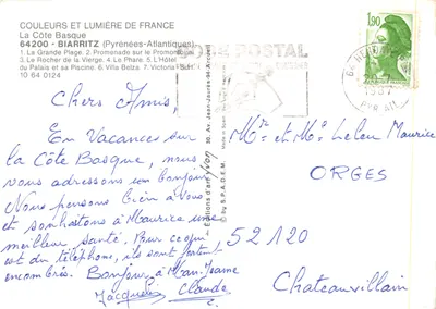 Biarritz — vue du Rocher de la Vierge et de la Grande Plage — Souvenir de Biarritz, édité par S.P.A.D.E.M — Verso