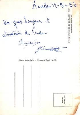 Tende — Vue générale, l'église, le col, la Roya et les lacets — Édition Vada-Gallo — पीछे