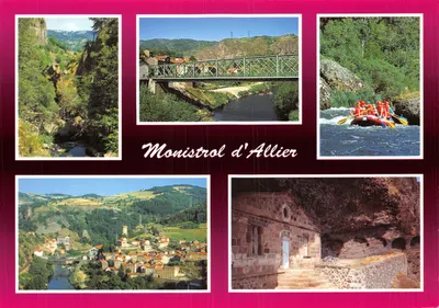 Monistrol d'Allier — vista geral com ponte metálica, canyon, rafting e capela — Éditions PASTRE