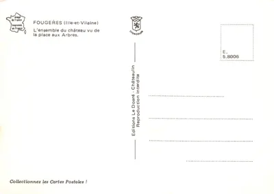 Fougeres (Ille-et-Vilaine) — conjunto do castelo visto da Place aux Arbres — Éditions Le Doaré — Verso