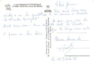 Orcival — vista panorâmica da cidade, da catedral, do rochedo e da estátua da Virgem — Éditions LYS — Verso