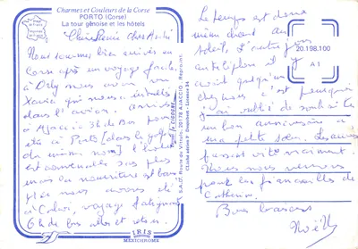 Porto (Korsyka) — widok z lotu ptaka na wieżę genoesejską i hotele — wydawca IRIS — Rewers