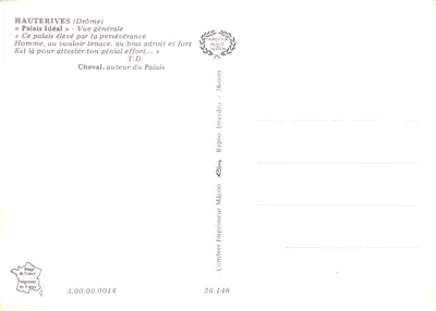 Haüterives (Drôme) — Palácio Ideal — Vista geral, editor Impressor Combier, n° 36-000 — Verso