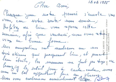 Zamieczony wioska — scena alpejskiego wioska z kościołem i mieszkańcami odszczepiającymi śnieg — rysunek Gang Bourge — Rewers