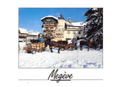 Megève — hotel Allard nevado com carruagens a cavalo — Éditions Mégeve