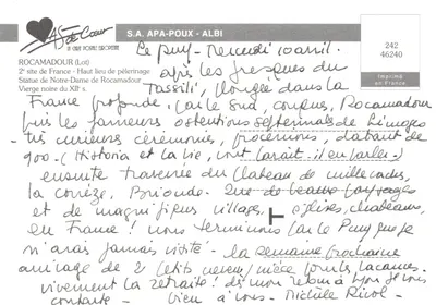 Estátua de Nossa Senhora de Rocamadour — Virgem Negra do século XII — Impressa na carta por S.A. APA-POUX - ALBI — Verso