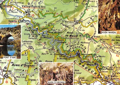 Gorges da Ardèche — carta topográfica com fotos de avenidas e grutas