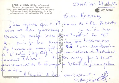 Port Lauragais — widok panoramiczny z budynkiem religijnym, statua rycerza, autostrada dwóch mórz i obelisk — Éditions CAP-THÉOJAC — Rewers