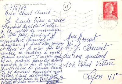 Paris - Pigalle, o Moulin Rouge — ilustração assinada por Zoé, editor impresso na carta N° 11 — Verso