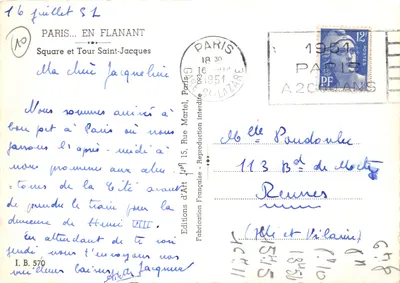Tour Saint-Jacques — vue depuis le Square Saint-Jacques — Éditions d'Art Française — Verso