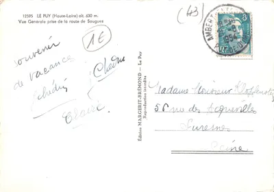 Le Puy (Haute-Loire) — visão geral tirada da estrada de Saugues — Edição MARGERIT-BRÉMOND — Verso