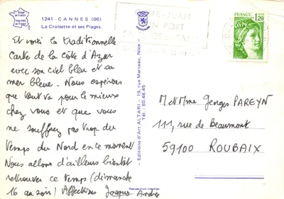 Praia de Juan-les-Pins — vista animada com hotéis Martinez e palmeiras — Éditions d'Art Altari — Verso