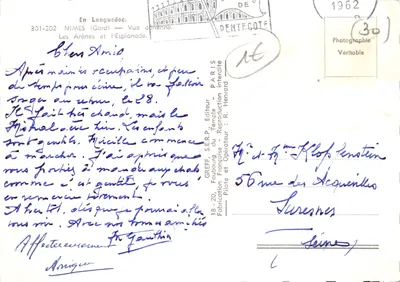 Nîmes — Vue aérienne des Arènes et de l'Esplanade — Éditeur GREFF, Paris — Verso