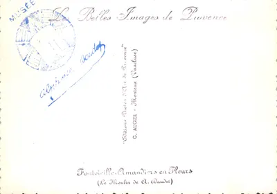 O Moinho de Vaucluse — vista do moinho de vento no meio de um pomar em flor — Edições G. AUGIER (Amêndoas em Flor) — Verso