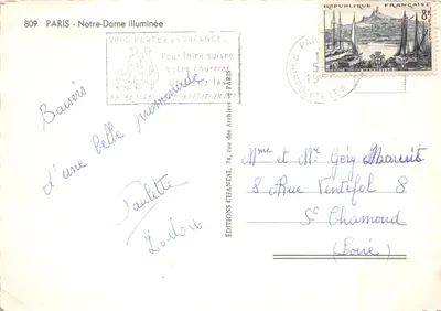 Nossa Senhora de Paris — vista noturna iluminada — Edições Chantal, n° 809 — Verso