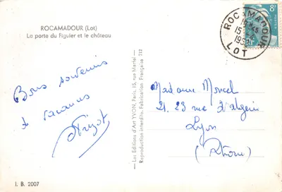 Rocamadour (Lot) — A porta do Figuier e o castelo — Edições d'Art YVON, n° 712 — Verso