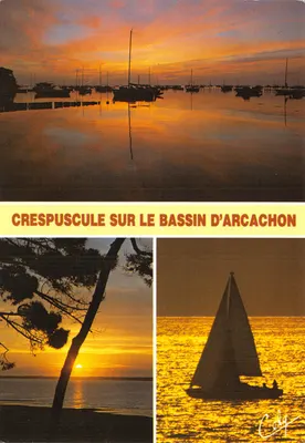 Crespuscule sur le Bassin d'Arcachon — vue du port avec voiliers et coucher de soleil — Éditions CELY, n° 8550