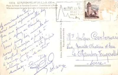 Le Puy-en-Velay — Place du Breuil et Fontaine Crozatier, dominée par le Rocher Cornelle et la Cathédrale — Édition MARGERIT-BREMOND — Verso