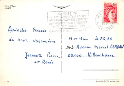 Cannes — widok panoramiczny z szalą, zachodem słońca, plażą i aleją palm — wydruk na kartce — Rewers