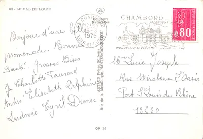 O Vale do Loire — Carta postal ilustrada de castelos e locais (Chenonceau, Cheverny, Chaumont, Chambord, Azay-le-Rideau, Amboise, Blois, Gien, Beaugency, Châteauneuf-sur-Loire, Sully, La Bussière) — Editor ARTAUD Frères, Nantes-Carrefour — Verso