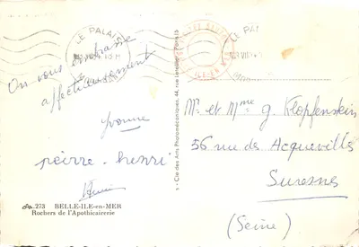 Rochers de Belle-Île-en-Mer — vue des falaises et des vagues — éditeur Cie des Arts Photomécaniques, n° 273 — Verso