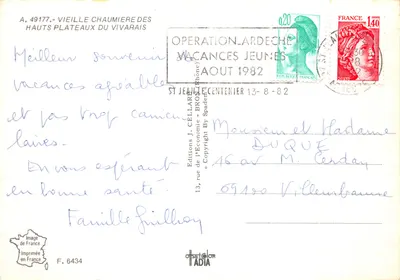 Vieille chaumière des Hauts Plateaux du Vivarais — éditeur Editions J. Cellaray, n° A. 49177 — Verso